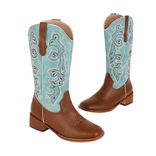UTIKLIOU Cowboy Boots for Women Western Cowgirl Boots Embroidered Mid Calf Boots Square Toe Medium Block Chunky Heel Stitching Pull-on Boots for Ladies3