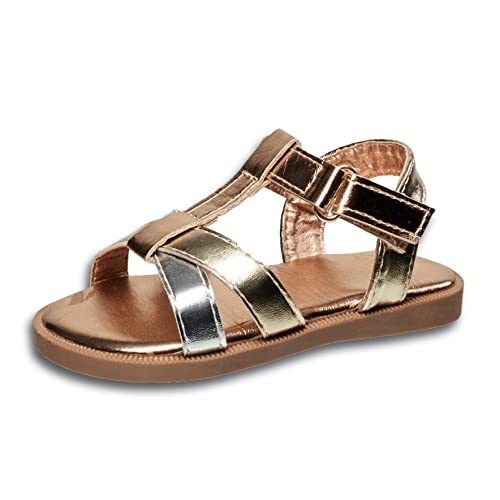 Image of Lucky Brand Girl's Evie Sandal - T Strap Strapped Leatherette Metallic Sandals (Little Kid)
