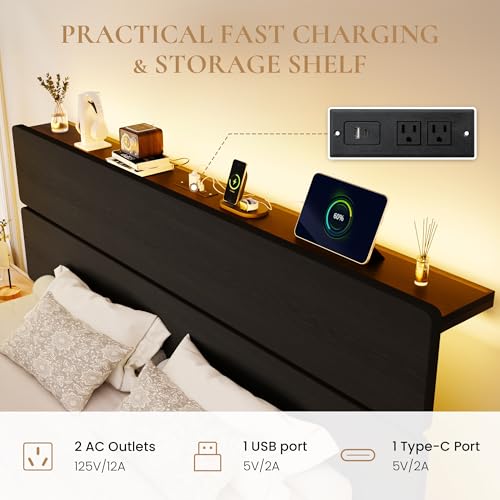 Image of SHA CERLIN King Size Bed Frame, Led Light, Charging Station, Storage Shelf | Wooden Headboard, Heavy Duty Slats Support, Metal Platform Bed, Under Bed Storage, No Box Spring Needed, Noise Free, Black