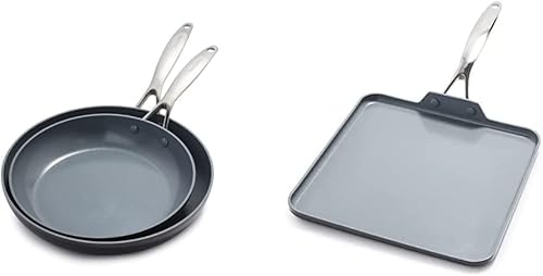 GreenPan Valencia Pro - Juego de sartenes antiadherentes de cerámica anodizada dura y saludable de 10 y 12 pulgadas, gris y sartén antiadherente de