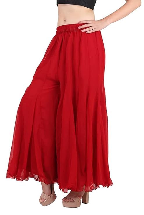 Image of Kvish Regular Loose Fit Solid Colour Georgette Flared Sharara Palazzo for Women