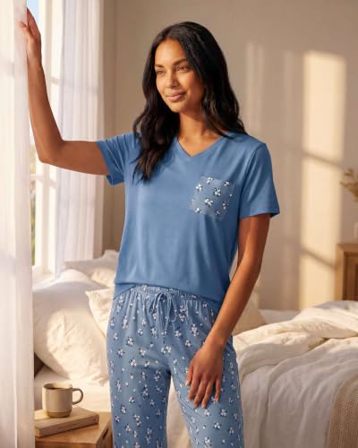 Image of Real Essentials 2 Pack: Women's Comfy Pajama Sets - Short Sleeve Ladies Loungewear Sleepwear PJs (Available In Plus)