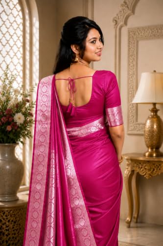 Image of Women's Glory Banarasi Satin Silk Saree Plain Silver Zari | Unstiched Blouse Piece Included.