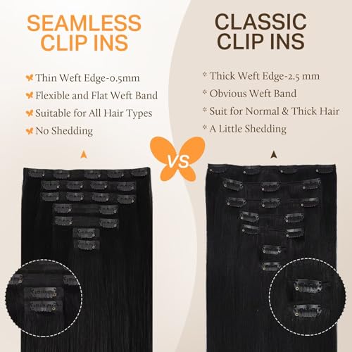 Image of DOORES Human Hair Clip in Extensions, Jet Black 110g 7pcs 14 Inch, Seamless Clip in Hair Extensions Human Hair Extensions Clip in Straight Trick Hair Invisi Edge Hair Extensions Remy Natural Hair