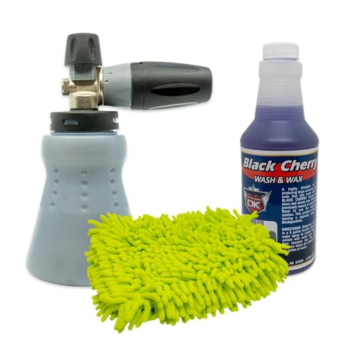 Detail King MTM Hydro PF22.2 Professional Auto Detailer Foam Cannon - Green Chenille Microfiber Mitt - 16oz of Black Cherry Car Wash Soap with Wax