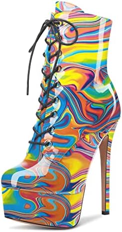 Aachcol Women Ankle Boots Short Bootie Platform Stiletto High Heel Round Toe Dress Shoes Lace-up Patent Multicolor N 6.5 Inch 12 US