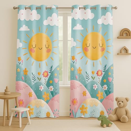 Image of STITCHNEST Velvet Kids Curtains Pack of 2 | Smiling Sun & Floral Hills Print | Semi Blackout Curtains for Nursery, Toddler & Baby Room | 7 Feet
