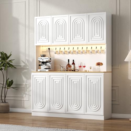 Image of 71 inch White Kitchen Pantry with Power Outlet & LED Light, Large Kitchen Hutch Cabinet with Adjustable Shelf, Modern Buffet Cabinet with 8 Doors, Food Pantry Storage for Dining Room (White 8 Doors)