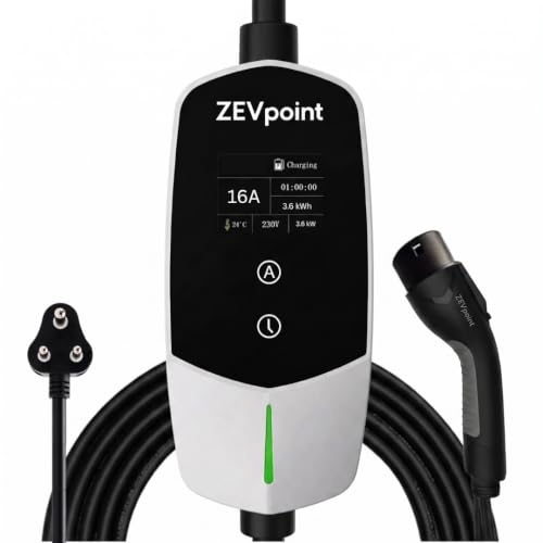 Image of Zevpoint 3.6kW Portable EV Charger | Wall Bracket + Bag | 5 Meters, Adjustable Power, TPU Cable, 16A | LED Screen | 10+ Advanced Safety Features | Upto 5-yr Warranty (Dash 3.6kW)