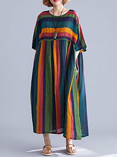 Versear Vintage Cotton Linen Dress Striped Print Dress O Neck Loose Casual Beach Maxi Dress Half Sleeve Pockets (One Size, Multicolor) #TOP4
