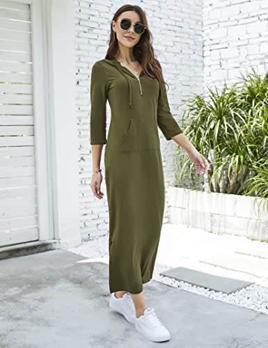 Image of MISSKY Women Casual Pocket Quarter-Zip Neck 3 /4 Sleeve Slim Split Pullover Hoodie Maxi Dress