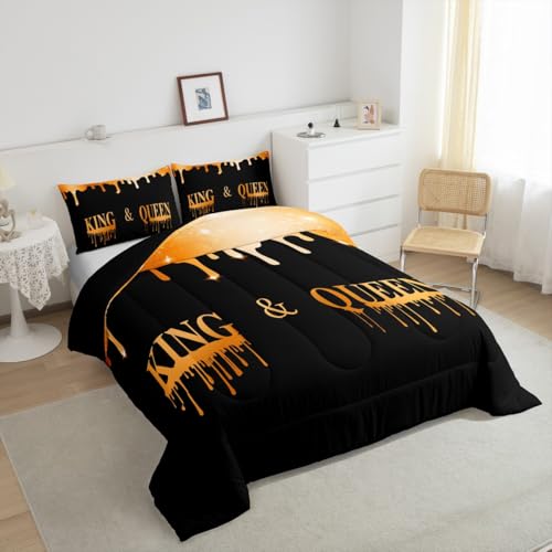 Image of Feelyou Couple King Queen Comforter Set Twin Size, Orange Mr Mrs Bedding Set Anniversary Comforter for Couple Man Woman Valentine Day Duvet Set Adults Wedding Room Decor Bed Set 2Pcs