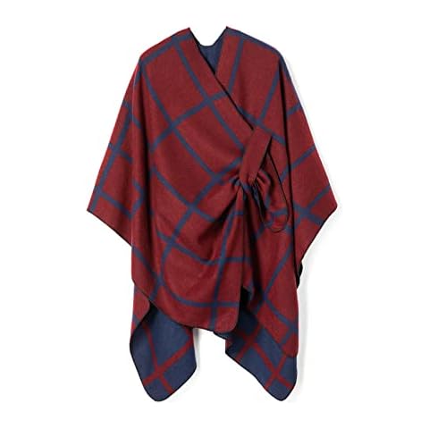 Villand Schal für Damen Poncho-Umhang Cardigan mit offener Vorderseite, Gürtel und Geschenktüte für Herbst und Winter (Burgund & Blau Plaid) Cover