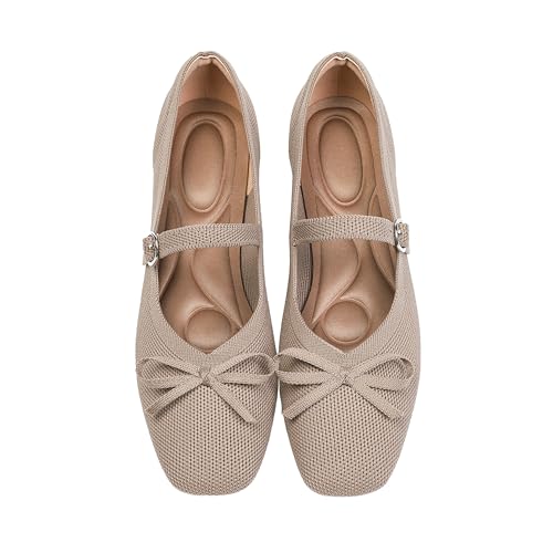 La Mejor Selección de Punto para Mujer Top 5. 39 itbieong - Zapatos planos de punto para mujer, con puntera cuadrada, estilo casual, con correa para el tobillo, lavable, cómodo, elegante y plano Mary Jane, Caqui, 24.5 cm