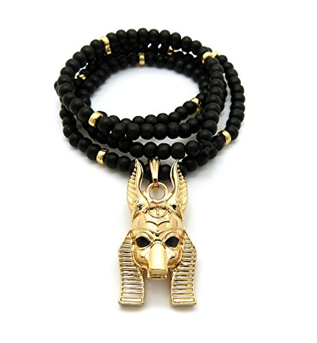Crescendo SJ INC New Anubis Head Pendant & 30" Wooden Bead Chain Hip HOP Necklace - RC2557G