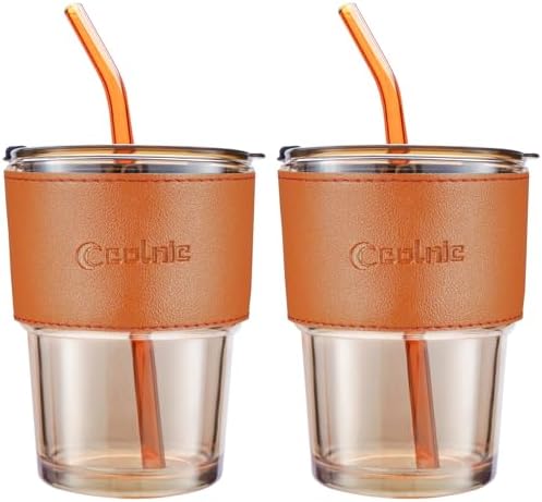 Iced Coffee Cup, 15Oz/450ml Glass Cups With Lids And Straws, Iced Coffee Glasses Tumbler, Thick Wall Glass Mug For Tea Water With 2 Straw And Leather Sleeve, Xmas Gifts (Amber 2PCS)