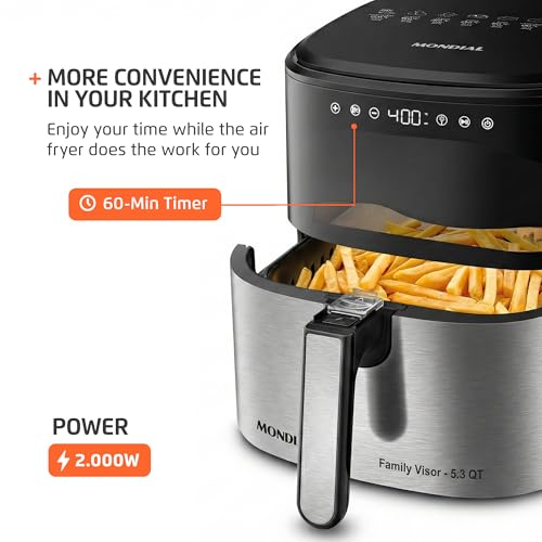 Mondial - Air Fryer Digital Visor Inox 5.3QT Capacity - High Power & Elegant Stainless Steel Finish - Black & Inox - Image 6
