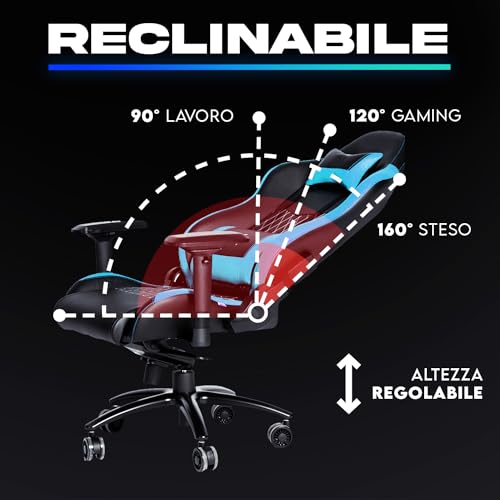 eSports - Sedia gaming blu di Alta Qualità + Supporto Lombare e Cervicale + Reclinabile + Poltrona Gaming Ergonomica e Regolabile + Pelle Sintetica e Materiali Premium [NUOVA VERSIONE 2023] - Sedia gaming - Immagine 8