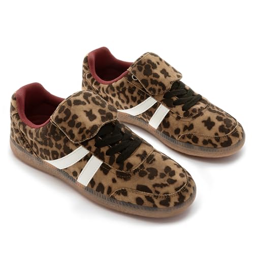 Rihero Women's Fashion Sneakers Tennis Walking Shoes Lace-Up Comfortable Non Slip Casual Leopard Sneakers Size 94