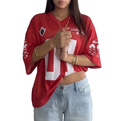 veufcyas Oversized Jersey Shirts for Women Number Graphic Tees Cute Football Jersey Top V Neck Half Sleeve T-Shirt Tops(Red L)