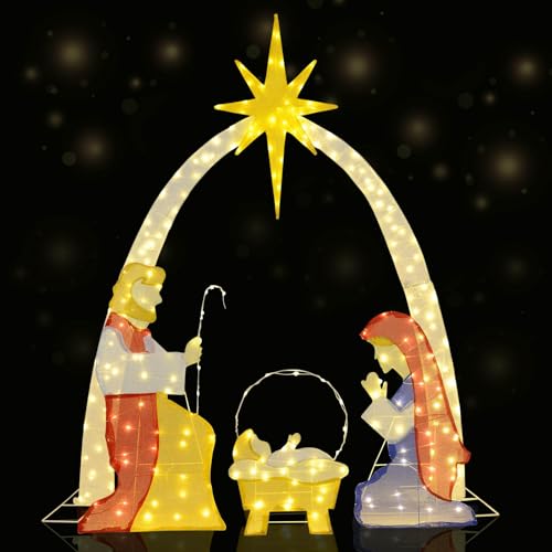 Costway 1.8m Lighted Nativity Scene, Pre-Lit Holy Family Yard Decoration with 240 Warm White LED Lights, Outdoor Nativity Set Holiday Display for Yard, Porch, Garden, Indoors