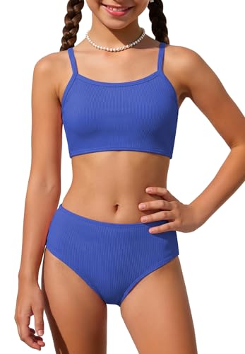 Image of Zando 2 Piece Ribbed Swimsuits for Teen Girls Kids Size 6-15 Years High Waisted Solid Cute Bikini for Summer Beach Wear