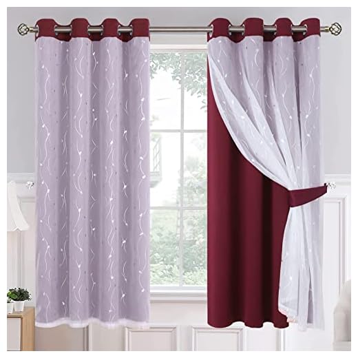 BGment Blackout Curtains with Sheer Overlay, Silver Printed Tulle Double Layer Curtains for Living Room, Grommet Thermal Insulated Window Curtains for Bedroom, 2 Panels Each 52 x 63 Inch, Burgundy