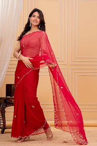 Image of Women's Red Embroidered Saree with Golden Blouse | Traditional Embroidery Work Saree for Women | Wedding Festive Saree and Wear Ethnic Outfit