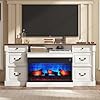 Amerlife 75 farmhouse tv stand with 36 3 sided glass fireplace large entertainment center with 2 drawers doors closed storage tv console for tvs up to 85 distressed white  urban country home decor