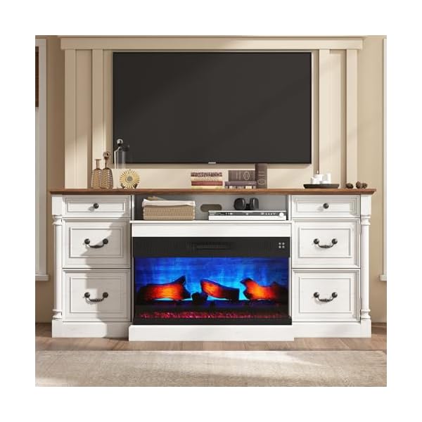 Amerlife 75 farmhouse tv stand with 36 3 sided glass fireplace large entertainment center with 2 drawers doors closed storage tv console for tvs up to 85 distressed white  urban country home decor