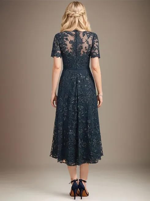 RYANTH Lace Applique Mother of The Bride Dresses for Women Tea Length Sequin A Line Formal Wedding Guest Dress - Image 2
