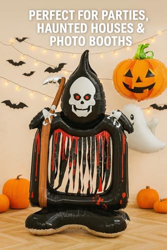 Image of AMFIN (Pack of 1) Self-Standing Foil Balloon 50 Inch Halloween Ghost Grim Reaper Balloon Hollow - Giant Halloween Inflatable Decoration with Scythe - Black
