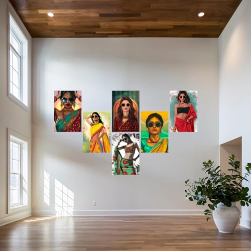 Image of SiddArtify Stylish Women in Sarees Art Print Set - 300GSM Board - 8x12 Inch - Pack of 6 Wall Room Decoration art Poster Prints