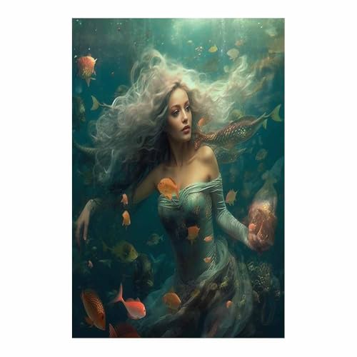 Impression murale TERUEA pour salon : grand portrait vintage bleu Femme et Poissons