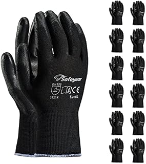 SAFEYEAR 12 Pairs Black PU Coated Safety Work Protective Gloves,lightweight and breathable for General Handling Work,Gardening,Builders,DIY,Delivery,warehouse, Mechanic Men & Women Lady(Black xl)