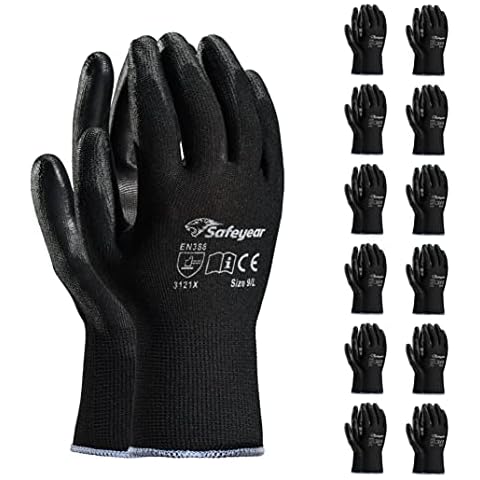 SAFEYEAR 12 Pairs Black PU Coated Safety Work Protective Gloves,Lightweight and Breathable for General Handling Work,Gardening,Builders,DIY,Delivery,Warehouse, Mechanic Men & Women Lady(Black Medium) Cover