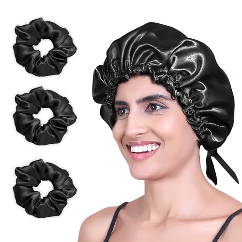 Image of GLUN Hair Protector Bonnet Cap with 3 Scrunchies Combo, Pack of 1 Black Colour, Prevents Hair Breakage, Frizz Control and Moisture Retention, Ideal for Curly & Natural Hair