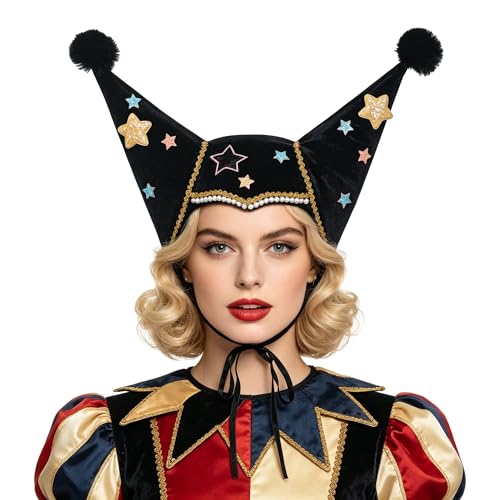 GRACEART Colorful Jester Clown Hat for Adults Carnival Circus Costume Accessory with Pom-Poms Party & Halloween Dress-Up Hat (Black)
