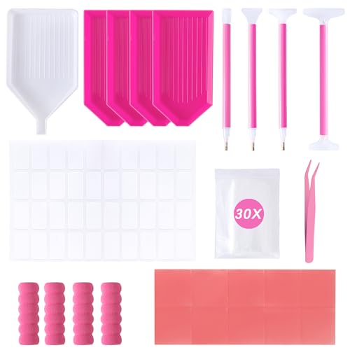 55PCS Diamond Art Accessories Tools Multiple Sizes Diamond Painting Kits with Diamond Art Pens Sleeves Tweezers Glue Label Ziplock Diamond Correction for Adults (Pink 55PCS)