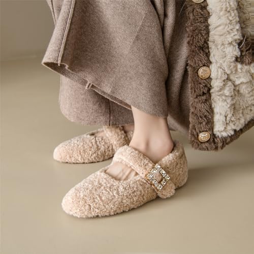 Kluolandi Women's Shearling Ballet Flats with Strap Warm Rabbit Fur Lined Crystal Buckle Mary Jane Flat Shoes4