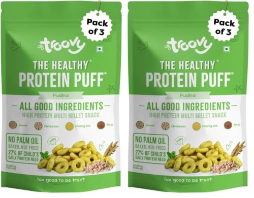 Image of Troovy Healthy High Protein Puffs | Pudina Flavoured | No Palm Oil, Cholesterol or Trans Fats | Made with Multiple Millets, Grains and Dal (80gm(Pack of 6))
