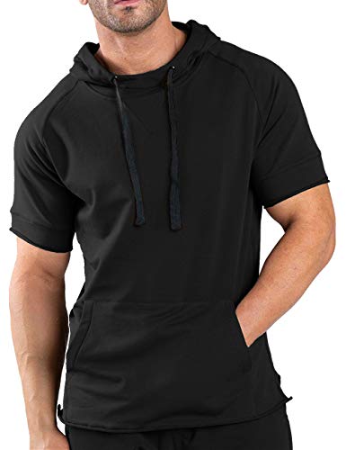 Coofandy Men's Casual Hoodies Pullover Short Sleeve Cotton Gym Workout T-Shirts Hooded Sweatshirt With Pocket Black #TOP27