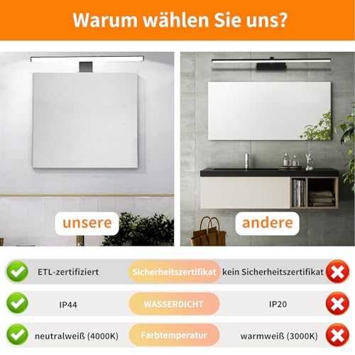 NBEASTKEY LED Spiegelleuchte 30cm 5W 4000K IP44 wasserdicht, Alu 3-in-1 Montage flimmerfrei 230V für Badschrank & Schminkbereich (Wandleuchte, Badbeleuchtung)