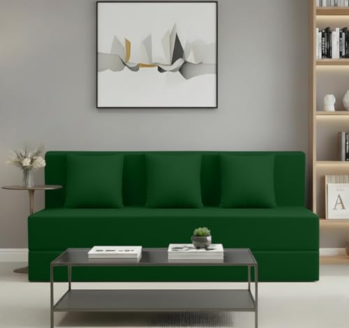Image of AMATA Instant 3 Seater Foldable Sofa Cum Bed Green Suede Velvet Fabric with 2 Pillow Perfect for Home Living Office Room and Guests (3 Year Warranty) (Green, Instant 3 Seater Sofa Cum Bed)