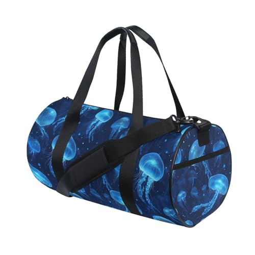 Blue Jellyfish Sports Duffel Bag Full Print Barrel Gym Bag with Side Zipper Pocket and Inner Compartment, Durable Lightweight Fabric for Sports, Training, Travel and Outdoor Use3