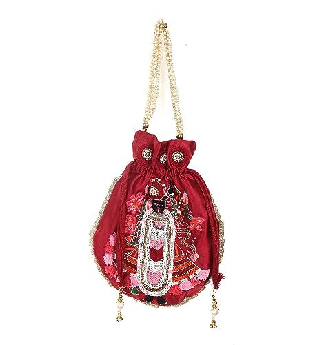 GLAMHUB Q-One Embellished Silk Potli Bag with Protective Bag, Handbag, Wristlets, Clutch for Women, Girls with Handmade Embroidery, Beads Work for Parties, Weddings