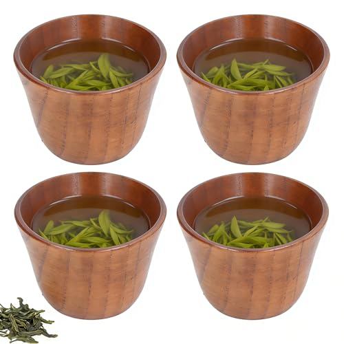 Tissting 4pcs Tasse en Bois de Style Japonais de 75 ML, Bois Naturel Sain et SûR Petite Tasse de Thé Rétro Isolation Thermique Verres en Bois Pour Thé...