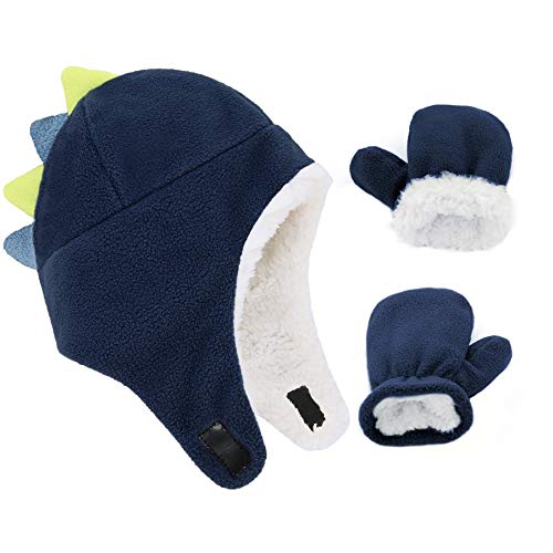 Zando Baby Boy Sherpa Hats and Mittens Set Toddler Gloves Warm Fleece Winter Hat Baby Girl Beanies Kids Caps Navy - Cute dinosaur 2-4T