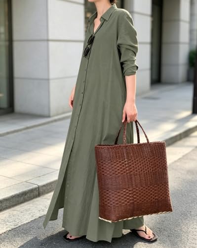Image of Ladyful Women's Cotton Linen Maxi Dress Summer Long Sleeve Shirt Dress