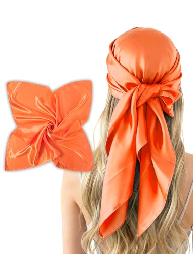 CHUNG 35 Large Scarf Solid Color Square Wraps Satin Silky Feel Big Hair Bandanas 90cm Necktie 90-Orange